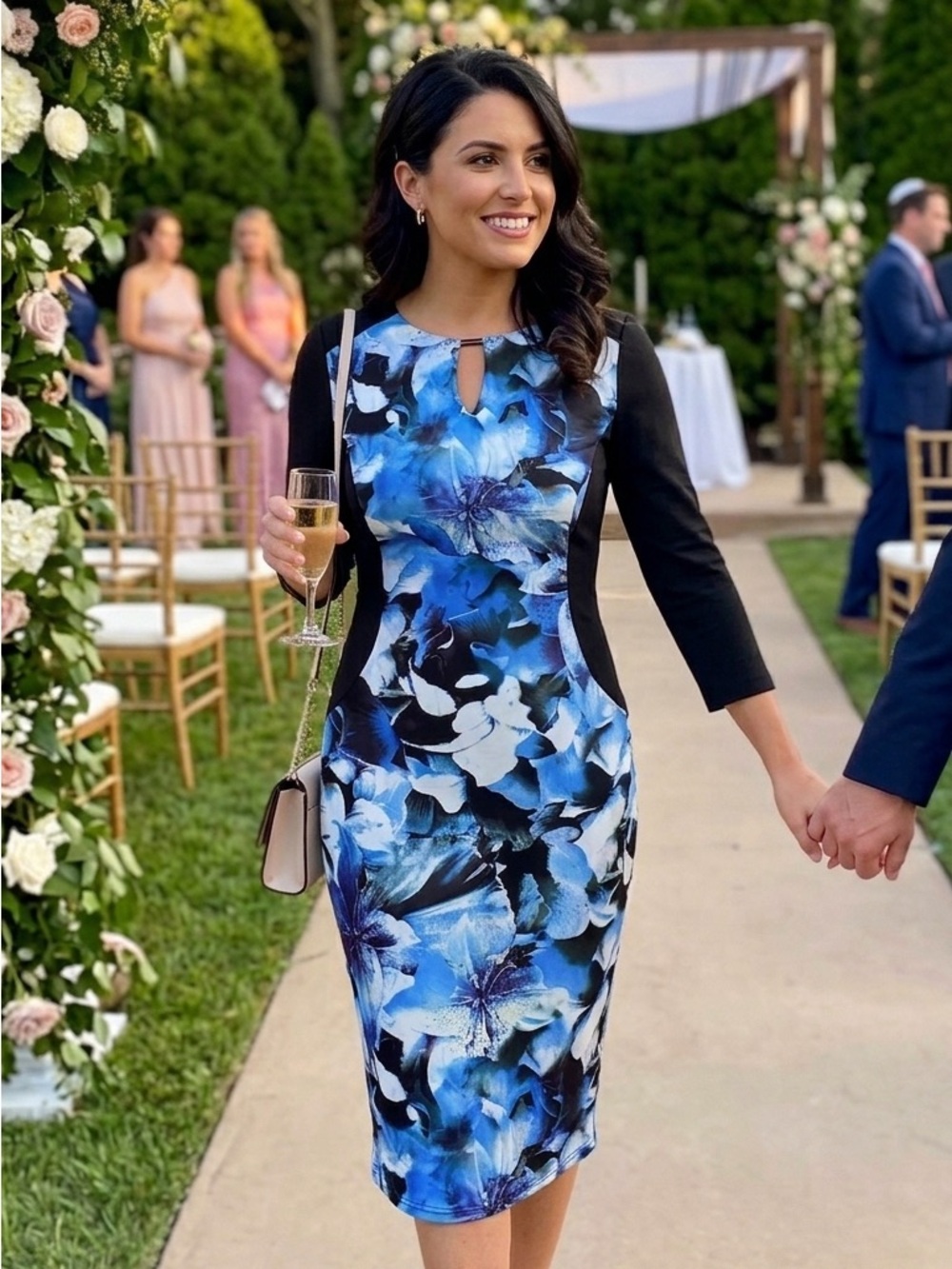 Sz M Rose Burg Blue Floral Dress with Black Side Panels